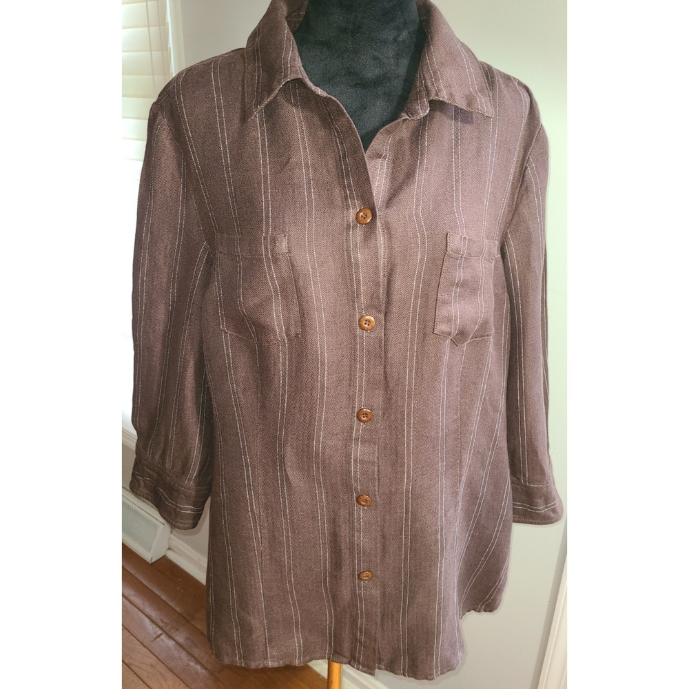 Norton Mcnaughton Linen Blouse Brown W/Pinstripe 3/4 Sleeve Breast Pockets Sz 16